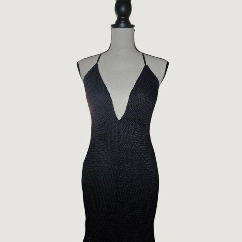 CQ by CQ Black Mesh Mermaid Maxi Dress Open Back Plunge Neck Size M - Picture 3 of 9